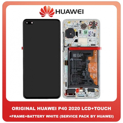 Original Γνήσια Huawei P40 2020 (ANA-AN00, ANA-TN00, ANA-NX9, ANA-LX4) OLED LCD Display Assembly Screen Οθόνη + Touch Digitizer Μηχανισμός Αφής + Πλαίσιο Σασί Frame Bezel + Battery Μπαταρία White Άσπρο 02353MFW (Service Pack By Huawei)