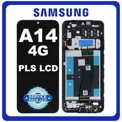 Γνήσια Original Samsung Galaxy A14 4G, Galaxy A 14 (SM-A145P, SM-A145R) PLS LCD Display Screen Assembly Οθόνη + Touch Screen Digitizer Μηχανισμός Αφής + Frame Bezel Πλαίσιο Σασί Black Μαύρο GH81-23541A GH81-23540A (Service Pack By Samsung)