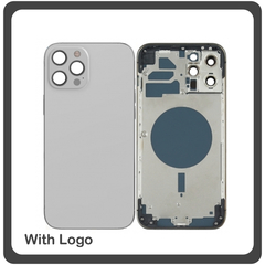 HQ OEM Συμβατό Για Apple iPhone 12 Pro Max, iPhone 12 ProMax (A2411, A2342) EU Version Rear Back Battery Cover Middle Frame- Housing Πίσω Κάλυμμα Καπάκι Πλάτη Μπαταρίας - Σασί + Side Keys Πλαινά πλήκτρα  + Sim Tray Θήκη Κάρτας Silver Ασημί (Grade AAA+++)