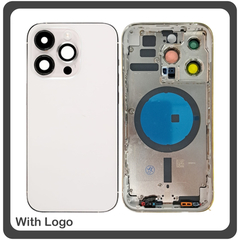 HQ OEM Συμβατό Με Apple iPhone 14 Pro (A2890), Rear Back Battery Cover Middle Frame- Housing Πίσω Κάλυμμα Καπάκι Πλάτη Μπαταρίας - Σασί + Camera Lens Τζαμάκι Κάμερας + Side Keys Πλαινά πλήκτρα  + Sim Tray Θήκη Κάρτας Silver Ασημί (Premium A+)