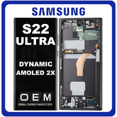HQ OEM Συμβατό Με Samsung Galaxy S22 Ultra 5G (SM-S908B, SM-S908B/DS) Dynamic AMOLED 2X LCD Display Screen Assembly Οθόνη + Touch Screen Digitizer Μηχανισμός Αφής + Frame Bezel Πλαίσιο Σασί Phantom Black Μαύρο (Premium A+)