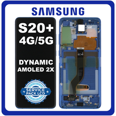 Γνήσια Original Samsung Galaxy S20+ 4G (SM-G985, SM-G985F), S20+ 5G (SM-G986, SM-G986F), Dynamic AMOLED 2X LCD Οθόνη + Touch Screen DIgitizer + Frame Bezel Aura Blue GH82-31441H No Camera (Service Pack By Samsung)