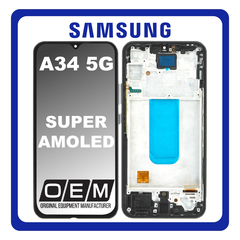 HQ OEM Συμβατό Με Samsung Galaxy A34 5G (SM-A346E, SM-A346B) Super AMOLED LCD Display Screen Assembly Οθόνη + Touch Screen Digitizer Μηχανισμός Αφής + Frame Bezel Πλαίσιο Σασί Graphite Μαύρο (Premium A+)