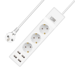 Extension Socket no Brand, 3 Way, 250v, 16a, Cable, 3m., 4 x usb f, With Switch, White - 17886