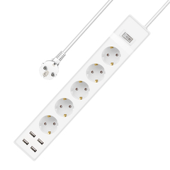 Extension Socket no Brand, 5 Way, 250v, 16a, Cable, 1.5m., 4 x usb f, With Switch, White - 17889
