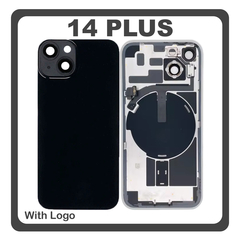HQ OEM Συμβατό Με Apple iPhone 14 Plus, iPhone 14+ (A2886, A2632, A2885) Rear Back Battery Cover Πίσω Κάλυμμα Καπάκι Πλάτη Μπαταρίας + Metal Plate + Camera Lens Τζαμάκι Κάμερας + Magsafe + NFC Black Μαύρο (Premium A+)