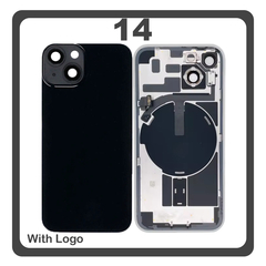 HQ OEM Συμβατό Με Apple iPhone 14, iPhone14 (A2882, A2649) Rear Back Battery Cover Πίσω Κάλυμμα Καπάκι Πλάτη Μπαταρίας + Metal Plate + Camera Lens Τζαμάκι Κάμερας + Magsafe + NFC Midnight Black Μαύρο (Premium A+)