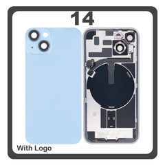 HQ OEM Συμβατό Με Apple iPhone 14, iPhone14 (A2882, A2649) Rear Back Battery Cover Πίσω Κάλυμμα Καπάκι Πλάτη Μπαταρίας + Metal Plate + Camera Lens Τζαμάκι Κάμερας + Magsafe + NFC Blue Μπλε (Premium A+)