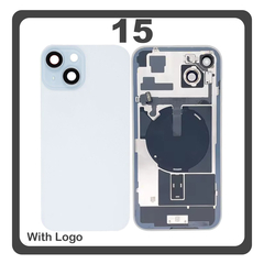 HQ OEM Συμβατό Με iPhone 15 , iPhone15 (A3090, A2846) Rear Back Battery Cover Πίσω Κάλυμμα Καπάκι Πλάτη Μπαταρίας + Metal Plate + Camera Lens Τζαμάκι Κάμερας + Magsafe + NFC Blue Μπλε (Premium A+)