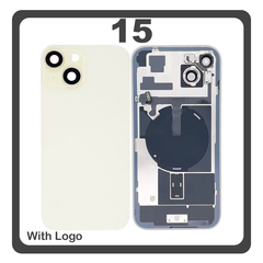 HQ OEM Συμβατό Με iPhone 15 , iPhone15 (A3090, A2846) Rear Back Battery Cover Πίσω Κάλυμμα Καπάκι Πλάτη Μπαταρίας + Metal Plate + Camera Lens Τζαμάκι Κάμερας + Magsafe + NFC Yellow Κίτρινο (Premium A+)