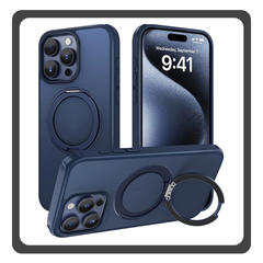 Θήκη Πλάτης - Back Cover, Silicone Σιλικόνη Navy Blue Μπλε Mag Ring Rotating Case iPhone 15 Pro