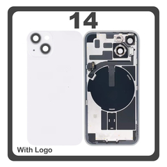 HQ OEM Συμβατό Με Apple iPhone 14, iPhone14 (A2882, A2649) Rear Back Battery Cover Πίσω Κάλυμμα Καπάκι Πλάτη Μπαταρίας + Metal Plate + Camera Lens Τζαμάκι Κάμερας + Magsafe + NFC White Άσπρο (Premium A+)
