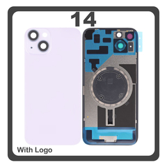 HQ OEM Συμβατό Με Apple iPhone 14, iPhone14 (A2882, A2649) Rear Back Battery Cover Πίσω Κάλυμμα Καπάκι Πλάτη Μπαταρίας + Metal Plate + Camera Lens Τζαμάκι Κάμερας + Magsafe Purple Μωβ (Premium A+)
