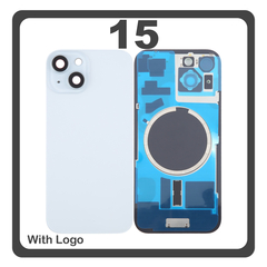 HQ OEM Συμβατό Με iPhone 15 , iPhone15 (A3090, A2846) Rear Back Battery Cover Πίσω Κάλυμμα Καπάκι Πλάτη Μπαταρίας + Metal Plate + Camera Lens Τζαμάκι Κάμερας + Magsafe Blue Μπλε (Premium A+)