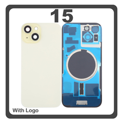 HQ OEM Συμβατό Με iPhone 15 , iPhone15 (A3090, A2846) Rear Back Battery Cover Πίσω Κάλυμμα Καπάκι Πλάτη Μπαταρίας + Metal Plate + Camera Lens Τζαμάκι Κάμερας + Magsafe Yellow Κίτρινο (Premium A+)