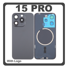 HQ OEM Συμβατό Με Apple iPhone 15 Pro, iPhone 15Pro (A2848, A3101) Rear Back Battery Cover Πίσω Κάλυμμα Καπάκι Πλάτη Μπαταρίας + Metal Plate + Camera Lens Τζαμάκι Κάμερας + Magsafe Black Titanium Μαύρο (Premium A+)