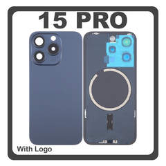 HQ OEM Συμβατό Με Apple iPhone 15 Pro, iPhone 15Pro (A2848, A3101) Rear Back Battery Cover Πίσω Κάλυμμα Καπάκι Πλάτη Μπαταρίας + Metal Plate + Camera Lens Τζαμάκι Κάμερας + Magsafe Blue Titanium Μπλε (Premium A+)