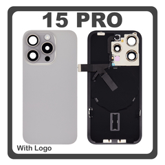 HQ OEM Συμβατό Με Apple iPhone 15 Pro, iPhone 15Pro (A2848, A3101) Rear Back Battery Cover Πίσω Κάλυμμα Καπάκι Πλάτη Μπαταρίας + Metal Plate + Camera Lens Τζαμάκι Κάμερας + Magsafe + NFC Natural Titanium Γκρι (Premium A+)