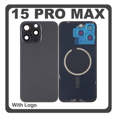 HQ OEM Συμβατό Με Apple iPhone 15 Pro Max, iPhone 15 ProMax (A2849, A3105) Rear Back Battery Cover Πίσω Κάλυμμα Καπάκι Πλάτη Μπαταρίας + Metal Plate + Camera Lens Τζαμάκι Κάμερας + Magsafe Black Μαύρο (Premium A+)