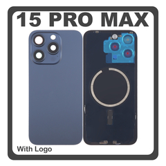HQ OEM Συμβατό Με Apple iPhone 15 Pro Max, iPhone 15 ProMax (A2849, A3105) Rear Back Battery Cover Πίσω Κάλυμμα Καπάκι Πλάτη Μπαταρίας + Metal Plate + Camera Lens Τζαμάκι Κάμερας + Magsafe Blue Titanium Μπλε (Premium A+)