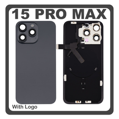 HQ OEM Συμβατό Με Apple iPhone 15 Pro Max, iPhone 15 ProMax (A2849, A3105) Rear Back Battery Cover Πίσω Κάλυμμα Καπάκι Πλάτη Μπαταρίας + Metal Plate + Camera Lens Τζαμάκι Κάμερας + Magsafe + NFC Black Titanium Μαύρο (Premium A+)