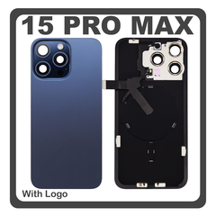 HQ OEM Συμβατό Με Apple iPhone 15 Pro Max, iPhone 15 ProMax (A2849, A3105) Rear Back Battery Cover Πίσω Κάλυμμα Καπάκι Πλάτη Μπαταρίας + Metal Plate + Camera Lens Τζαμάκι Κάμερας + Magsafe + NFC Blue Titanium Μπλε (Premium A+)