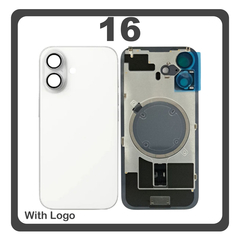 HQ OEM Συμβατό Με Apple iPhone 16, iPhone16 (A3287, A3081) Rear Back Battery Cover Πίσω Κάλυμμα Καπάκι Πλάτη Μπαταρίας + Metal Plate + Camera Lens Τζαμάκι Κάμερας + Magsafe White Άσπρο (Premium A+)