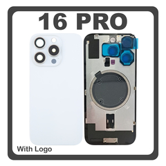 HQ OEM Συμβατό Με Apple iPhone 16 Pro, iPhone 16Pro (A3293, A3083) Rear Back Battery Cover Πίσω Κάλυμμα Καπάκι Πλάτη Μπαταρίας + Metal Plate + Camera Lens Τζαμάκι Κάμερας + Magsafe White Titanium Άσπρο (Premium A+)