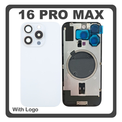 HQ OEM Συμβατό Με Apple iPhone 16 Pro Max, iPhone 16 ProMax (A3296, A3084) Rear Back Battery Cover Πίσω Κάλυμμα Καπάκι Πλάτη Μπαταρίας + Metal Plate + Camera Lens Τζαμάκι Κάμερας + Magsafe White Titanium Άσπρο (Premium A+)