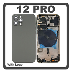 HQ OEM Συμβατό Με Apple iPhone 12 Pro, (A2407, A2341) Rear Back Battery Cover Middle Frame- Housing Πίσω Κάλυμμα Καπάκι Πλάτη Μπαταρίας + Power Button + Volume Button Flex Cable + Sim Card Tray + Flashlight Flex + NFC Black Μαύρο (Premium A+)