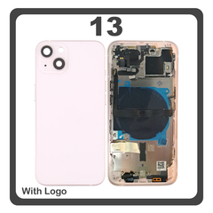 HQ OEM Συμβατό Με Apple iPhone 13, iPhone13 (A2633, A2482) Rear Back Battery Cover Middle Frame- Housing Πίσω Κάλυμμα Καπάκι Πλάτη Μπαταρίας + Power Button + Volume Button Flex Cable + Sim Card Tray + Flashlight Flex + NFC Pink Ροζ (Premium A+)