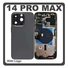 HQ OEM Συμβατό Με Apple iPhone 14 Pro Max, iPhone 14 ProMax (A2894, A2651), Rear Back Battery Cover Middle Frame- Housing Πίσω Κάλυμμα Καπάκι Πλάτη Μπαταρίας + Power Button + Volume Button Flex Cable + Sim Card Tray + Flashlight Flex + NFC Black Μαύρο (Premium A+)