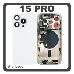 HQ OEM Συμβατό Με Apple iPhone 15 Pro, iPhone 15Pro (A2848, A3101) Rear Back Battery Cover Middle Frame- Housing Πίσω Κάλυμμα Καπάκι Πλάτη Μπαταρίας + Power Button + Volume Button Flex Cable + Sim Card Tray + Flashlight Flex + NFC White Titanium Άσπρο (Premium A+)