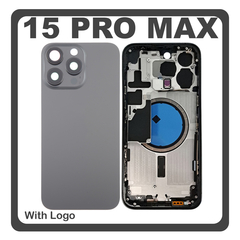 HQ OEM Συμβατό Με Apple iPhone 15 Pro Max, iPhone 15 ProMax (A2849, A3105) Rear Back Battery Cover Middle Frame- Housing Πίσω Κάλυμμα Καπάκι Πλάτη Μπαταρίας + Camera Lens Τζαμάκι Κάμερας + Sim Card Tray + Magsafe + NFC Black Titanium Μαύρο (Premium A+)