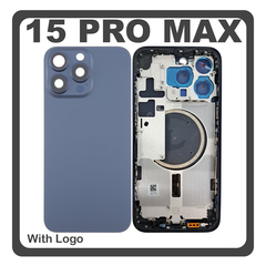 HQ OEM Συμβατό Με Apple iPhone 15 Pro Max, iPhone 15 ProMax (A2849, A3105) Rear Back Battery Cover Middle Frame- Housing Πίσω Κάλυμμα Καπάκι Πλάτη Μπαταρίας + Camera Lens Τζαμάκι Κάμερας + Sim Card Tray + Magsafe + NFC Blue Titanium Μπλε (Premium A+)