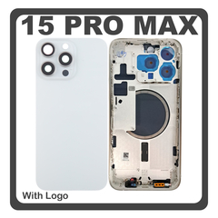 HQ OEM Συμβατό Με Apple iPhone 15 Pro Max, iPhone 15 ProMax (A2849, A3105) Rear Back Battery Cover Middle Frame- Housing Πίσω Κάλυμμα Καπάκι Πλάτη Μπαταρίας + Camera Lens Τζαμάκι Κάμερας + Sim Card Tray + Magsafe + NFC White Titanium Άσπρο (Premium A+)