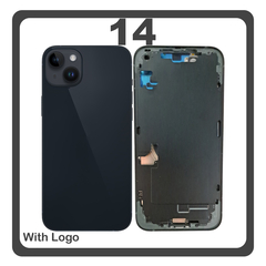 HQ OEM Συμβατό Με Apple iPhone 14, iPhone14 (A2882, A2649) Rear Back Battery Cover Middle Frame + Housing Πίσω Κάλυμμα Καπάκι Πλάτη Μπαταρίας - Σασί + Camera Lens Τζαμάκι Κάμερας + Side Keys  + Sim Tray Θήκη Κάρτας + Flashlight + NFC Black Μαύρο (Premium A+)