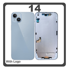 HQ OEM Συμβατό Με Apple iPhone 14, iPhone14 (A2882, A2649) Rear Back Battery Cover Middle Frame + Housing Πίσω Κάλυμμα Καπάκι Πλάτη Μπαταρίας - Σασί + Camera Lens Τζαμάκι Κάμερας + Side Keys Πλαινά πλήκτρα  + Sim Tray Θήκη Κάρτας Blue Μπλε (Premium A+)