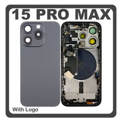 HQ OEM Συμβατό Με Apple iPhone 15 Pro Max, iPhone 15 ProMax (A2849, A3105) Rear Back Battery Cover Middle Frame- Housing Πίσω Κάλυμμα Καπάκι Πλάτη Μπαταρίας + Power Button + Volume Button Flex Cable + Sim Card Tray + Flashlight Flex + NFC Black Titanium Μαύρο (Premium A+)