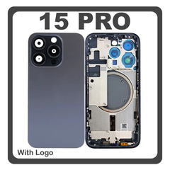 HQ OEM Συμβατό Με Apple iPhone 15 Pro, iPhone 15Pro (A2848, A3101) Rear Back Battery Cover Middle Frame- Housing Πίσω Κάλυμμα Καπάκι Πλάτη Μπαταρίας + Camera Lens Τζαμάκι Κάμερας + Sim Card Tray + Magsafe Blue Titanium Μπλε (Premium A+)