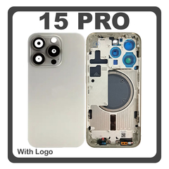 HQ OEM Συμβατό Με Apple iPhone 15 Pro, iPhone 15Pro (A2848, A3101) Rear Back Battery Cover Middle Frame- Housing Πίσω Κάλυμμα Καπάκι Πλάτη Μπαταρίας + Camera Lens Τζαμάκι Κάμερας + Sim Card Tray + Magsafe Natural Titanium Γκρι (Premium A+)