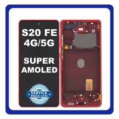 Original Γνήσιο Samsung Galaxy S20 FE 4G , S20FE, S20 FE 5G G780 4G, G781 5G (G780F, G780F/DSM,) Super AMOLED LCD Display Screen Assembly Οθόνη + Touch Screen Digitizer Μηχανισμός Αφής + Frame Bezel Πλαίσιο  Red Κόκκινο ​ GH82-24219E GH82-24220E (Service Pack By Samsung)