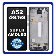 Original Γνήσιο Samsung Galaxy A52 4G A525 A52 5G A526 (A525F, A525F/DS, A526B, A526B/DS) AMOLED LCD Display Screen Assembly Οθόνη + Touch Digitizer Μηχανισμός Αφής + Frame Bezel Πλαίσιο Σασί Blue Μπλε GH82-25524B GH82-25526B GH82-25754B (Service Pack By Samsung)