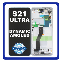 Γνήσια Original Samsung Galaxy S21 Ultra 5G (G998B, G998B/DS) Dynamic AMOLED LCD Display Screen Οθόνη  + Touch Screen DIgitizer Μηχανισμός Αφής + Frame Πλαίσιο No Camera Χωρίς Κάμερα Phantom Silver Ασημί GH82-26035B (Service Pack By Samsung)