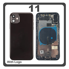 HQ OEM Συμβατό Με Apple iPhone 11 (A2221, A2111) Rear Back Battery Cover Middle Frame- Housing Πίσω Κάλυμμα Καπάκι Πλάτη Μπαταρίας + Power Button + Volume Button Flex Cable + Sim Card Tray + Flashlight Flex + NFC Black Μαύρο (Premium A+)