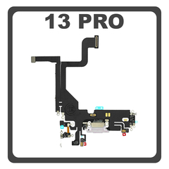 iPhone 13 Pro (A2638, A2483) Lightning USB Charging Dock Connector Lightning Flex Καλωδιοταινία Κονέκτορας Φόρτισης + Microphone Μικρόφωνο Space Silver Ασημί (Pulled)