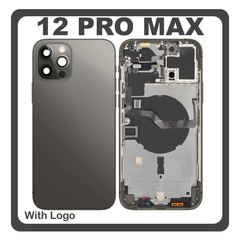 HQ OEM Συμβατό Με Apple iPhone 12 Pro Max, iPhone12 Pro Max (A2411, A2342) Rear Back Battery Cover Middle Frame- Housing Πίσω Κάλυμμα Καπάκι Πλάτη Μπαταρίας + Power Button + Volume Button Flex Cable + Sim Card Tray + Flashlight Flex + NFC Black Μαύρο (Premium A+)