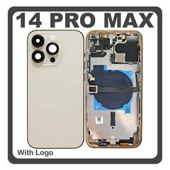 HQ OEM Συμβατό Με Apple iPhone 14 Pro Max, iPhone 14 ProMax (A2894, A2651), Rear Back Battery Cover Middle Frame- Housing Πίσω Κάλυμμα Καπάκι Πλάτη Μπαταρίας + Power Button + Volume Button Flex Cable + Sim Card Tray + Flashlight Flex + NFC Gold Χρυσό (Premium A+)