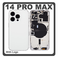 HQ OEM Συμβατό Με Apple iPhone 14 Pro Max, iPhone 14 ProMax (A2894, A2651), Rear Back Battery Cover Middle Frame- Housing Πίσω Κάλυμμα Καπάκι Πλάτη Μπαταρίας + Power Button + Volume Button Flex Cable + Sim Card Tray + Flashlight Flex + NFC Silver Ασημί (Premium A+)