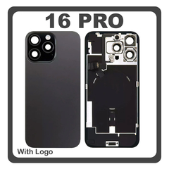 HQ OEM Συμβατό Με Apple iPhone 16 Pro, iPhone 16Pro (A3293, A3083) Rear Back Battery Cover Πίσω Κάλυμμα Καπάκι Πλάτη Μπαταρίας + Metal Plate + Camera Lens Τζαμάκι Κάμερας + Magsafe + NFC + Flashlight Black Titanium Μαύρο (Premium A+)